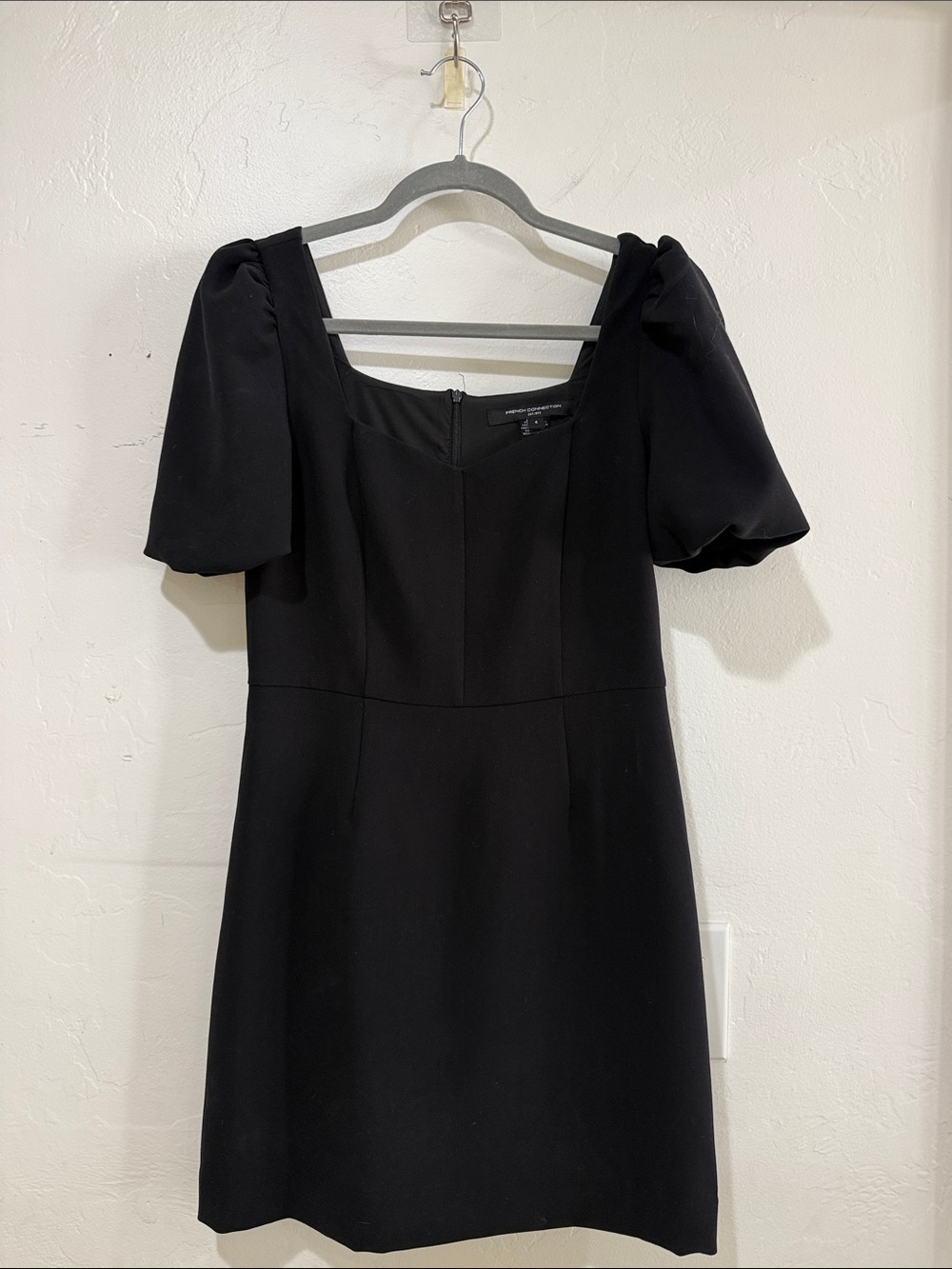 French Connection Black Square Neck Puff Sleeve Mini Dress